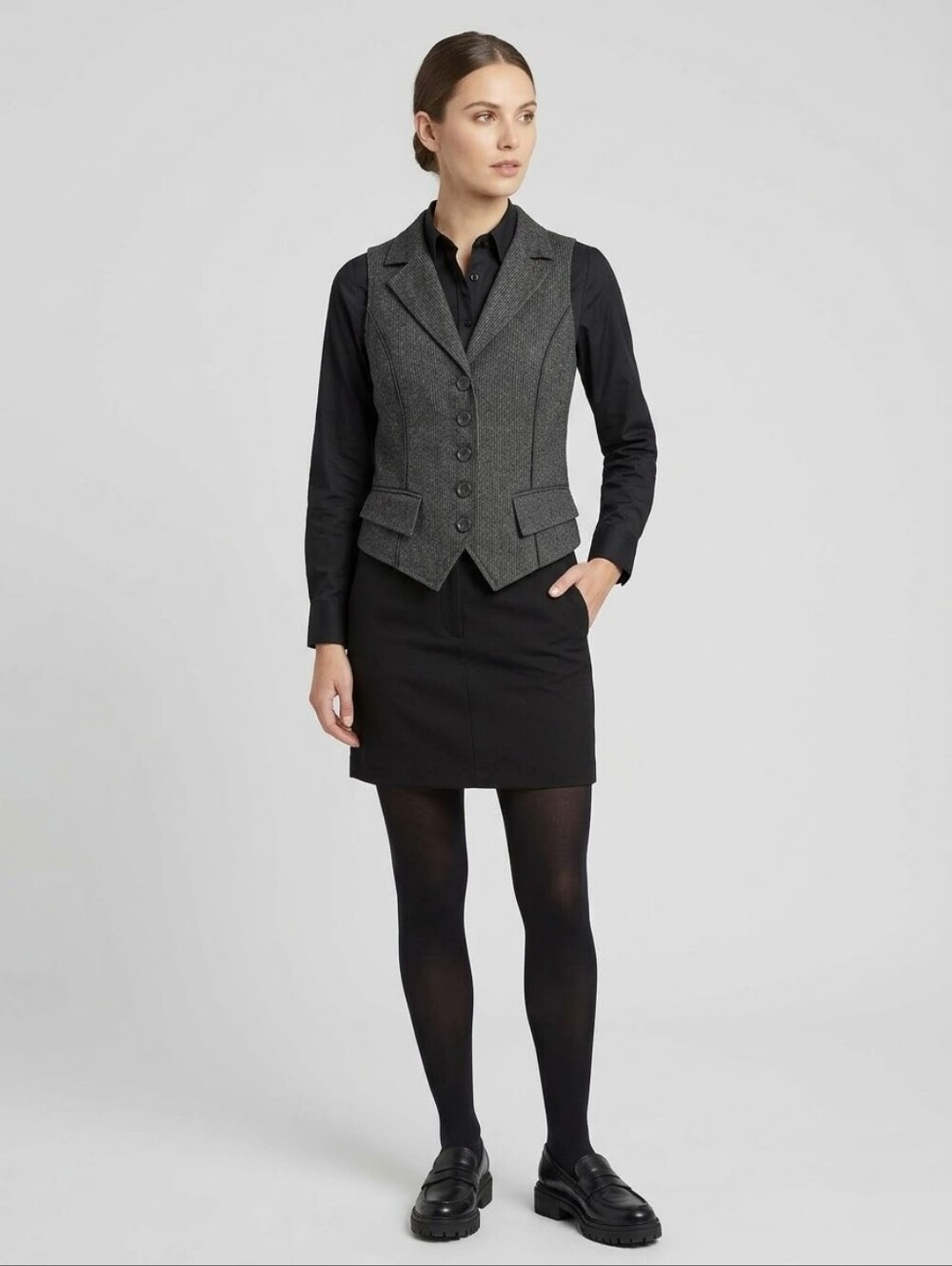 Le Chateau Pinstripe Leather Trim Waistcoat Vest Small Rachel Green Y2K